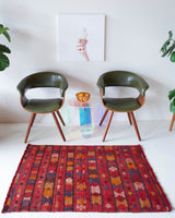 Vintage mini kilim rug in room decor setting, kilim, Turkish rug, vintage rug, portland, rug shop, bright colors, wild shaman, soft rug, bold color, Portland, Oregon, rug store, rug shop, local shop