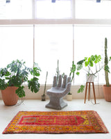 Vintage Turkish rug in a living room setting, pile rug, Turkish rug, vintage rug, portland, rug shop, bright colors, wild shaman, soft rug, bold color, Portland, Oregon, rug store, rug shop, local shop, shag rug, shaggy, plush