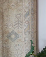 Vintage Turkish rug in living room setting, old rug, antique rug, pastel colors, faded colors, Turkish rug, vintage rug, soft rug, Portland, Oregon, rug store, rug shop, local shop