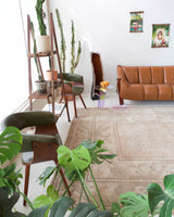 Vintage Turkish rug in living room setting, old rug, antique rug, pastel colors, faded colors, Turkish rug, vintage rug, soft rug, Portland, Oregon, rug store, rug shop, local shop