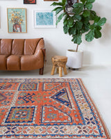 Vintage Turkish rug in living room setting, old rug, antique rug, pastel colors, faded colors, Turkish rug, vintage rug, soft rug, Portland, Oregon, rug store, rug shop, local shop