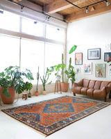 Vintage Turkish rug in a living room setting, pile rug, Turkish rug, vintage rug, portland, rug shop, bright colors, wild shaman, soft rug, bold color, Portland, Oregon, rug store, rug shop, local shop, antique rug