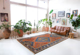 Vintage Turkish rug in a living room setting, pile rug, Turkish rug, vintage rug, portland, rug shop, bright colors, wild shaman, soft rug, bold color, Portland, Oregon, rug store, rug shop, local shop, antique rug