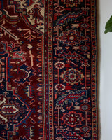 Antique Persian area rug in a living room setting, pile rug, vintage rug, portland, rug shop, bright colors, wild shaman, soft rug, bold color, Portland, Oregon, rug store, rug shop, local shop, antique rug, Persian rug, handmade rug, wool rug, distressed rug