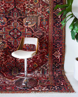 Antique Persian area rug in a living room setting, pile rug, vintage rug, portland, rug shop, bright colors, wild shaman, soft rug, bold color, Portland, Oregon, rug store, rug shop, local shop, antique rug, Persian rug, handmade rug, wool rug, distressed rug