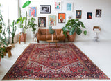 Antique Persian area rug in a living room setting, pile rug, vintage rug, portland, rug shop, bright colors, wild shaman, soft rug, bold color, Portland, Oregon, rug store, rug shop, local shop, antique rug, Persian rug, handmade rug, wool rug, distressed rug