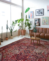 Antique Persian area rug in a living room setting, pile rug, vintage rug, portland, rug shop, bright colors, wild shaman, soft rug, bold color, Portland, Oregon, rug store, rug shop, local shop, antique rug, Persian rug, handmade rug, wool rug, distressed rug