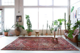 Antique Persian area rug in a living room setting, pile rug, vintage rug, portland, rug shop, bright colors, wild shaman, soft rug, bold color, Portland, Oregon, rug store, rug shop, local shop, antique rug, Persian rug, handmade rug, wool rug, distressed rug