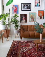 Antique Persian area rug in a living room setting, pile rug, vintage rug, portland, rug shop, bright colors, wild shaman, soft rug, bold color, Portland, Oregon, rug store, rug shop, local shop, antique rug, Persian rug, handmade rug, wool rug, distressed rug