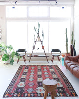 Vintage kilim rug in room decor setting, kilim, Turkish rug, vintage rug, portland, rug shop, bright colors, wild shaman, soft rug, bold color, Portland, Oregon, rug store, rug shop, local shop, antique rug