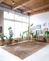 Area rug in a living room setting, pile rug, Turkish rug, old rug, antique rug, pastel colors, faded colors, Turkish rug, vintage rug, soft rug, Portland, Oregon, rug store, rug shop, local shop