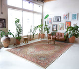 Area rug in a living room setting, pile rug, Turkish rug, old rug, antique rug, pastel colors, faded colors, Turkish rug, vintage rug, soft rug, Portland, Oregon, rug store, rug shop, local shop