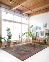 Vintage Turkish rug in a living room setting, pile rug, Turkish rug, vintage rug, portland, rug shop, bright colors, wild shaman, soft rug, bold color, Portland, Oregon, rug store, rug shop, local shop