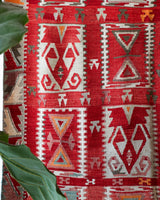 Vintage kilim rug in room decor setting, kilim, Turkish rug, vintage rug, portland, rug shop, bright colors, wild shaman, soft rug, bold color, Portland, Oregon, rug store, rug shop, local shop, antique rug