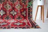 Vintage kilim rug in room decor setting, kilim, Turkish rug, vintage rug, portland, rug shop, bright colors, wild shaman, soft rug, bold color, Portland, Oregon, rug store, rug shop, local shop, antique rug