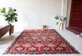 Vintage kilim rug in room decor setting, kilim, Turkish rug, vintage rug, portland, rug shop, bright colors, wild shaman, soft rug, bold color, Portland, Oregon, rug store, rug shop, local shop, antique rug