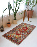 Vintage mini kilim rug in room decor setting, kilim, Turkish rug, vintage rug, portland, rug shop, bright colors, wild shaman, soft rug, bold color, Portland, Oregon, rug store, rug shop, local shop