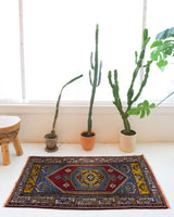 Vintage mini kilim rug in room decor setting, kilim, Turkish rug, vintage rug, portland, rug shop, bright colors, wild shaman, soft rug, bold color, Portland, Oregon, rug store, rug shop, local shop