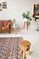 Vintage art deco rug in a living room setting, pile rug, Turkish rug, custom rug, modern rug, art deco rug,  portland, rug shop, bright colors, wild shaman, low pile rug, bold color, Portland, Oregon, rug store, rug shop, local shop, made in Turkey, vintage rug, retro rug