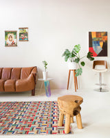 Vintage art deco rug in a living room setting, pile rug, Turkish rug, custom rug, modern rug, art deco rug,  portland, rug shop, bright colors, wild shaman, low pile rug, bold color, Portland, Oregon, rug store, rug shop, local shop, made in Turkey, vintage rug, retro rug