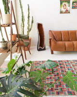 Vintage art deco rug in a living room setting, pile rug, Turkish rug, custom rug, modern rug, art deco rug,  portland, rug shop, bright colors, wild shaman, low pile rug, bold color, Portland, Oregon, rug store, rug shop, local shop, made in Turkey, vintage rug, retro rug