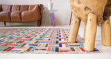 Vintage art deco rug in a living room setting, pile rug, Turkish rug, custom rug, modern rug, art deco rug,  portland, rug shop, bright colors, wild shaman, low pile rug, bold color, Portland, Oregon, rug store, rug shop, local shop, made in Turkey, vintage rug, retro rug