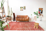 Vintage art deco rug in a living room setting, pile rug, Turkish rug, custom rug, modern rug, art deco rug,  portland, rug shop, bright colors, wild shaman, low pile rug, bold color, Portland, Oregon, rug store, rug shop, local shop, made in Turkey, vintage rug, retro rug