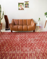 Vintage art deco rug in a living room setting, pile rug, Turkish rug, custom rug, modern rug, art deco rug,  portland, rug shop, bright colors, wild shaman, low pile rug, bold color, Portland, Oregon, rug store, rug shop, local shop, made in Turkey, vintage rug, retro rug