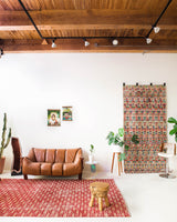 Vintage art deco rug in a living room setting, pile rug, Turkish rug, custom rug, modern rug, art deco rug,  portland, rug shop, bright colors, wild shaman, low pile rug, bold color, Portland, Oregon, rug store, rug shop, local shop, made in Turkey, vintage rug, retro rug