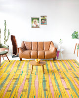 Vintage art deco rug in a living room setting, pile rug, Turkish rug, custom rug, modern rug, art deco rug,  portland, rug shop, bright colors, wild shaman, low pile rug, bold color, Portland, Oregon, rug store, rug shop, local shop, made in Turkey, vintage rug, retro rug