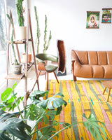 Vintage art deco rug in a living room setting, pile rug, Turkish rug, custom rug, modern rug, art deco rug,  portland, rug shop, bright colors, wild shaman, low pile rug, bold color, Portland, Oregon, rug store, rug shop, local shop, made in Turkey, vintage rug, retro rug