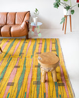 Vintage art deco rug in a living room setting, pile rug, Turkish rug, custom rug, modern rug, art deco rug,  portland, rug shop, bright colors, wild shaman, low pile rug, bold color, Portland, Oregon, rug store, rug shop, local shop, made in Turkey, vintage rug, retro rug