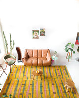 Vintage art deco rug in a living room setting, pile rug, Turkish rug, custom rug, modern rug, art deco rug,  portland, rug shop, bright colors, wild shaman, low pile rug, bold color, Portland, Oregon, rug store, rug shop, local shop, made in Turkey, vintage rug, retro rug