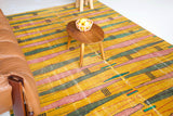 Vintage art deco rug in a living room setting, pile rug, Turkish rug, custom rug, modern rug, art deco rug,  portland, rug shop, bright colors, wild shaman, low pile rug, bold color, Portland, Oregon, rug store, rug shop, local shop, made in Turkey, vintage rug, retro rug