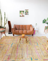 Vintage art deco rug in a living room setting, pile rug, Turkish rug, custom rug, modern rug, art deco rug,  portland, rug shop, bright colors, wild shaman, low pile rug, bold color, Portland, Oregon, rug store, rug shop, local shop, made in Turkey, vintage rug, retro rug