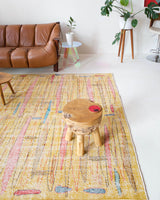 Vintage art deco rug in a living room setting, pile rug, Turkish rug, custom rug, modern rug, art deco rug,  portland, rug shop, bright colors, wild shaman, low pile rug, bold color, Portland, Oregon, rug store, rug shop, local shop, made in Turkey, vintage rug, retro rug