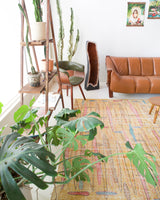 Vintage art deco rug in a living room setting, pile rug, Turkish rug, custom rug, modern rug, art deco rug,  portland, rug shop, bright colors, wild shaman, low pile rug, bold color, Portland, Oregon, rug store, rug shop, local shop, made in Turkey, vintage rug, retro rug