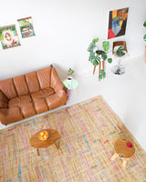 Vintage art deco rug in a living room setting, pile rug, Turkish rug, custom rug, modern rug, art deco rug,  portland, rug shop, bright colors, wild shaman, low pile rug, bold color, Portland, Oregon, rug store, rug shop, local shop, made in Turkey, vintage rug, retro rug