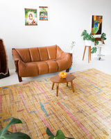 Vintage art deco rug in a living room setting, pile rug, Turkish rug, custom rug, modern rug, art deco rug,  portland, rug shop, bright colors, wild shaman, low pile rug, bold color, Portland, Oregon, rug store, rug shop, local shop, made in Turkey, vintage rug, retro rug