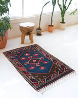 Vintage mini kilim rug in room decor setting, kilim, Turkish rug, vintage rug, portland, rug shop, bright colors, wild shaman, soft rug, bold color, Portland, Oregon, rug store, rug shop, local shop