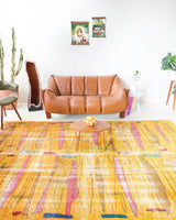 Vintage art deco rug in a living room setting, pile rug, Turkish rug, custom rug, modern rug, art deco rug,  portland, rug shop, bright colors, wild shaman, low pile rug, bold color, Portland, Oregon, rug store, rug shop, local shop, made in Turkey, vintage rug, retro rug