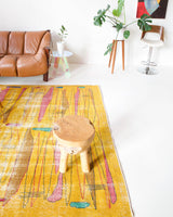 Vintage art deco rug in a living room setting, pile rug, Turkish rug, custom rug, modern rug, art deco rug,  portland, rug shop, bright colors, wild shaman, low pile rug, bold color, Portland, Oregon, rug store, rug shop, local shop, made in Turkey, vintage rug, retro rug