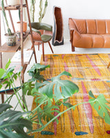 Vintage art deco rug in a living room setting, pile rug, Turkish rug, custom rug, modern rug, art deco rug,  portland, rug shop, bright colors, wild shaman, low pile rug, bold color, Portland, Oregon, rug store, rug shop, local shop, made in Turkey, vintage rug, retro rug