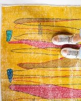 Vintage art deco rug in a living room setting, pile rug, Turkish rug, custom rug, modern rug, art deco rug,  portland, rug shop, bright colors, wild shaman, low pile rug, bold color, Portland, Oregon, rug store, rug shop, local shop, made in Turkey, vintage rug, retro rug