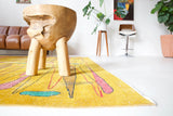 Vintage art deco rug in a living room setting, pile rug, Turkish rug, custom rug, modern rug, art deco rug,  portland, rug shop, bright colors, wild shaman, low pile rug, bold color, Portland, Oregon, rug store, rug shop, local shop, made in Turkey, vintage rug, retro rug