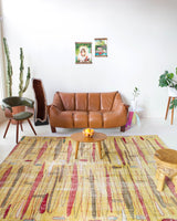 Vintage art deco rug in a living room setting, pile rug, Turkish rug, custom rug, modern rug, art deco rug,  portland, rug shop, bright colors, wild shaman, low pile rug, bold color, Portland, Oregon, rug store, rug shop, local shop, made in Turkey, vintage rug, retro rug