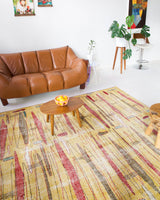 Vintage art deco rug in a living room setting, pile rug, Turkish rug, custom rug, modern rug, art deco rug,  portland, rug shop, bright colors, wild shaman, low pile rug, bold color, Portland, Oregon, rug store, rug shop, local shop, made in Turkey, vintage rug, retro rug