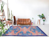 Vintage art deco rug in a living room setting, pile rug, Turkish rug, custom rug, modern rug, art deco rug,  portland, rug shop, bright colors, wild shaman, low pile rug, bold color, Portland, Oregon, rug store, rug shop, local shop, made in Turkey, vintage rug, retro rug