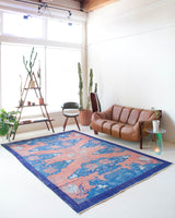 Vintage art deco rug in a living room setting, pile rug, Turkish rug, custom rug, modern rug, art deco rug,  portland, rug shop, bright colors, wild shaman, low pile rug, bold color, Portland, Oregon, rug store, rug shop, local shop, made in Turkey, vintage rug, retro rug