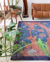 Vintage art deco rug in a living room setting, pile rug, Turkish rug, custom rug, modern rug, art deco rug,  portland, rug shop, bright colors, wild shaman, low pile rug, bold color, Portland, Oregon, rug store, rug shop, local shop, made in Turkey, vintage rug, retro rug